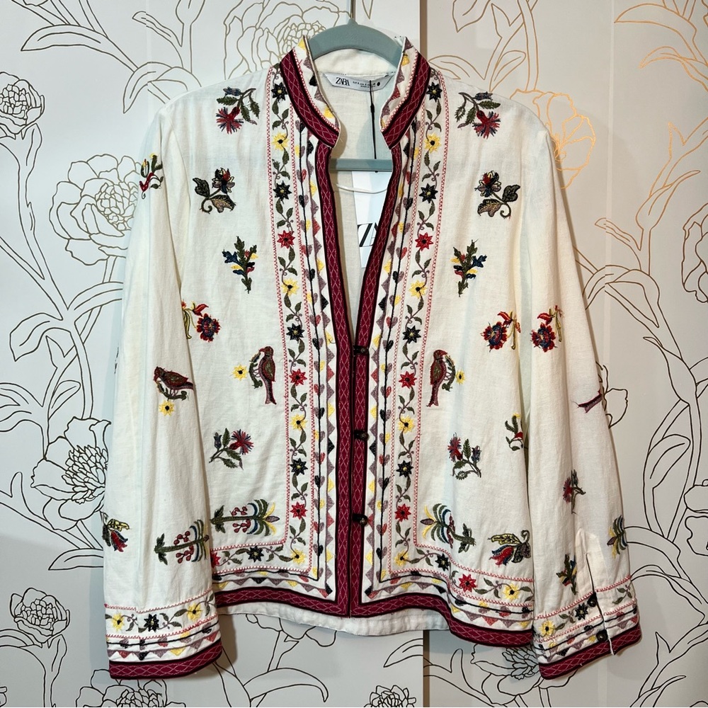 Zara Embroidered white floral birds jacket